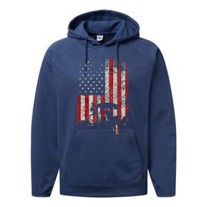 Retro American Flag Tractor Gift  Tractor Farm  Performance Fleece Hoodie