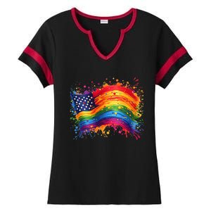 Rainbow American Flag Pride Splatter Style Rainbow Flag Ladies Halftime Notch Neck Tee