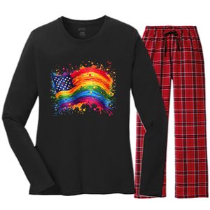 Rainbow American Flag Pride Splatter Style Rainbow Flag Women's Long Sleeve Flannel Pajama Set 