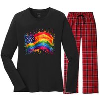 Rainbow American Flag Pride Splatter Style Rainbow Flag Women's Long Sleeve Flannel Pajama Set 