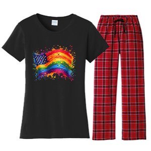 Rainbow American Flag Pride Splatter Style Rainbow Flag Women's Flannel Pajama Set