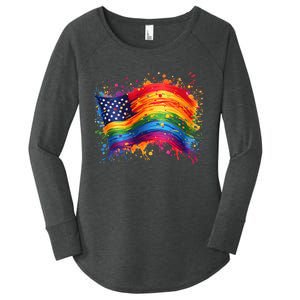 Rainbow American Flag Pride Splatter Style Rainbow Flag Women's Perfect Tri Tunic Long Sleeve Shirt