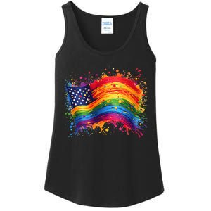 Rainbow American Flag Pride Splatter Style Rainbow Flag Ladies Essential Tank