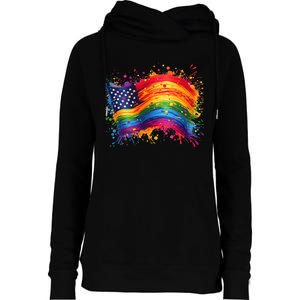 Rainbow American Flag Pride Splatter Style Rainbow Flag Womens Funnel Neck Pullover Hood