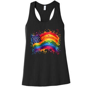 Rainbow American Flag Pride Splatter Style Rainbow Flag Women's Racerback Tank