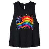 Rainbow American Flag Pride Splatter Style Rainbow Flag Women's Racerback Cropped Tank