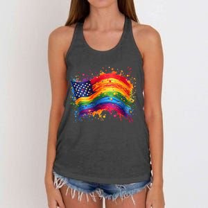 Rainbow American Flag Pride Splatter Style Rainbow Flag Women's Knotted Racerback Tank