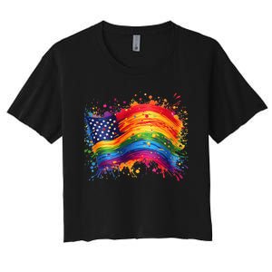 Rainbow American Flag Pride Splatter Style Rainbow Flag Women's Crop Top Tee