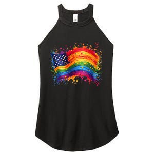 Rainbow American Flag Pride Splatter Style Rainbow Flag Women's Perfect Tri Rocker Tank