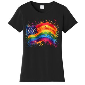 Rainbow American Flag Pride Splatter Style Rainbow Flag Women's T-Shirt