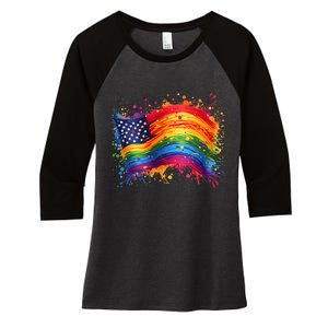 Rainbow American Flag Pride Splatter Style Rainbow Flag Women's Tri-Blend 3/4-Sleeve Raglan Shirt