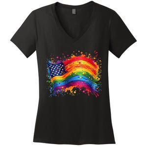 Rainbow American Flag Pride Splatter Style Rainbow Flag Women's V-Neck T-Shirt