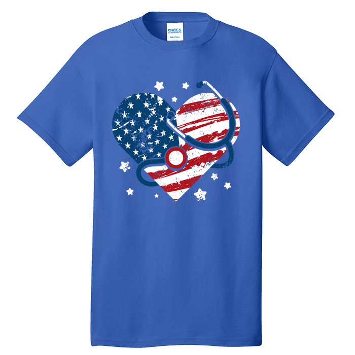 Retro American Flag Heart Nurse 4th Of July Nursing Mama Mom Cute Gift Tall T-Shirt