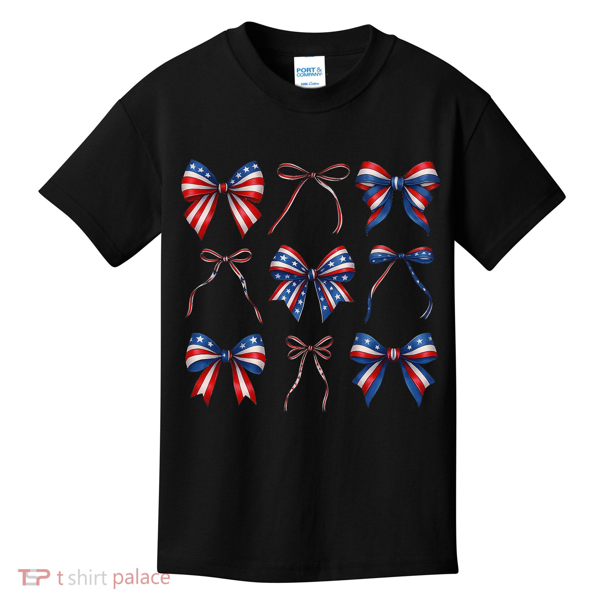 Retro American Flag Coquette Bow Patriotic 4th July Girl Kids T-Shirt