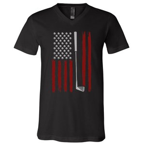 Retro American Flag Golf Gift for Golfer Funny Golf Club V-Neck T-Shirt