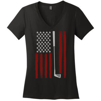 Retro American Flag Golf Gift for Golfer Funny Golf Club Women's V-Neck T-Shirt
