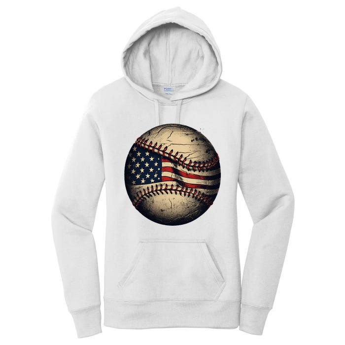 Retro American Flag Baseball Team Baseball Player Women's Pullover Hoodie