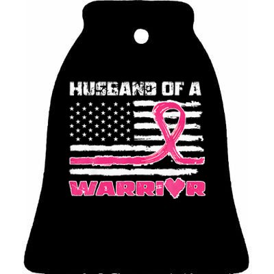 Ribbon American Flag Husband Of A Warrior Breast Cancer Ceramic Bell Ornament