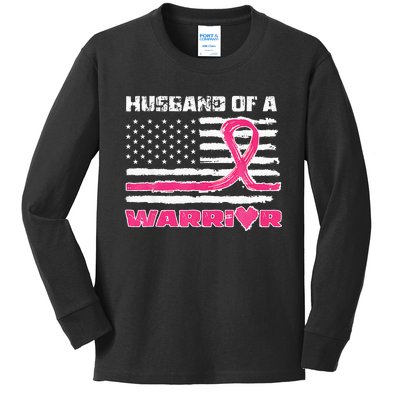 Ribbon American Flag Husband Of A Warrior Breast Cancer Kids Long Sleeve Shirt