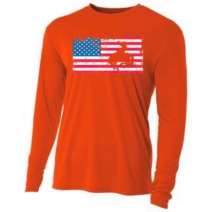 Retro American Flag Rodeo Bronc Horse Riding Cow Cow Cool Gift Cooling Performance Long Sleeve Crew