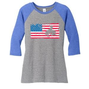 Retro American Flag Rodeo Bronc Horse Riding Cow Cow Cool Gift Women's Tri-Blend 3/4-Sleeve Raglan Shirt