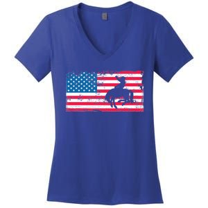 Retro American Flag Rodeo Bronc Horse Riding Cow Cow Cool Gift Women's V-Neck T-Shirt