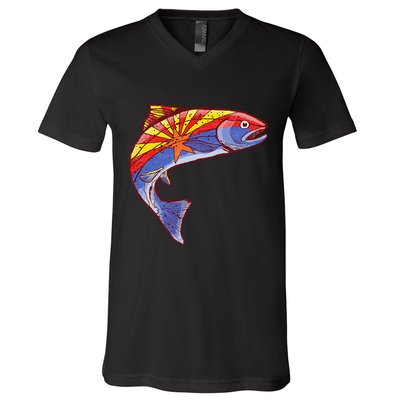 Retro Arizona Flag Trout Vintage Fly Fishing Graphic Design V-Neck T-Shirt