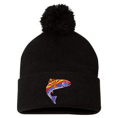 Retro Arizona Flag Trout Vintage Fly Fishing Graphic Design Pom Pom 12in Knit Beanie