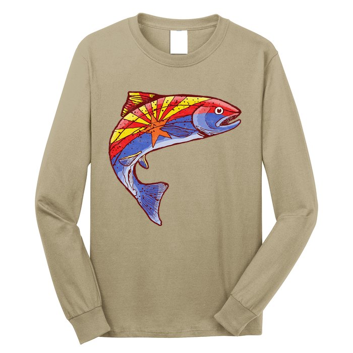 Retro Arizona Flag Trout Vintage Fly Fishing Graphic Design Long Sleeve Shirt