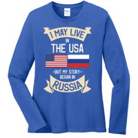 Russia American Flag Usa Russian Roots Funny Gift Ladies Long Sleeve Shirt