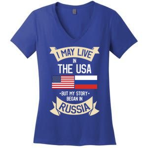 Russia American Flag Usa Russian Roots Funny Gift Women's V-Neck T-Shirt