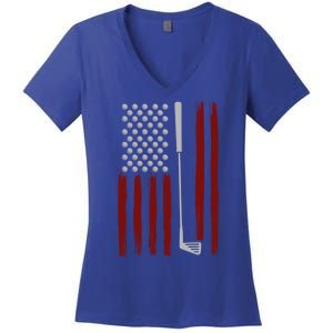 Retro American Flag Golf Gift For Golfer Funny Golf Club Women's V-Neck T-Shirt