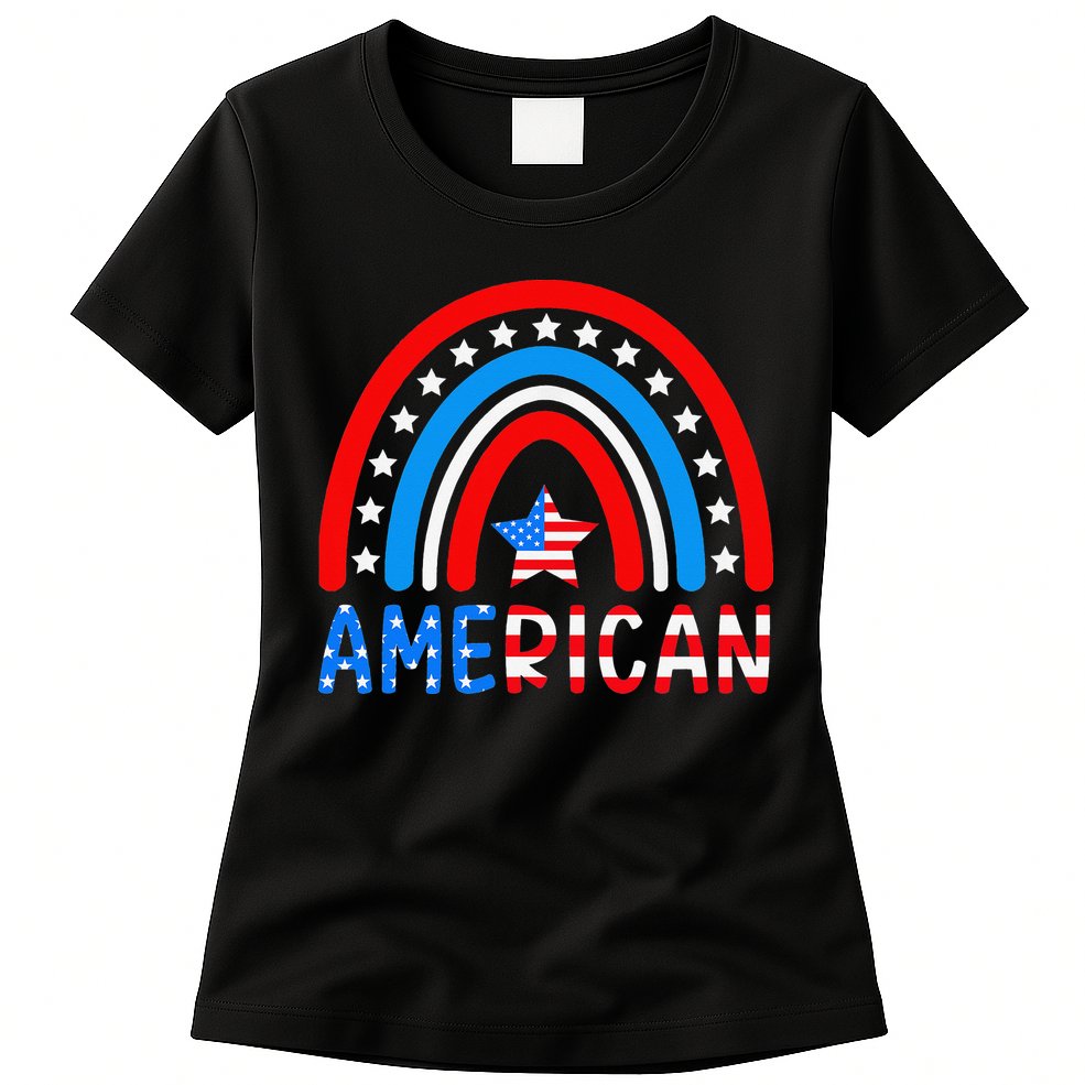 Rainbow American Flag Patriotic Happy 4th Of July Womens T-Shirt