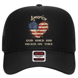 Retro America God Shed His Grace On Thee Tee 4th Of July Women 4th Of July Gift High Crown Mesh Back Trucker Hat