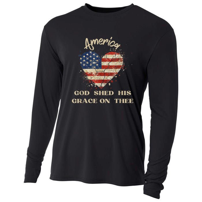 Retro America God Shed His Grace On Thee Tee 4th Of July Women 4th Of July Gift Cooling Performance Long Sleeve Crew