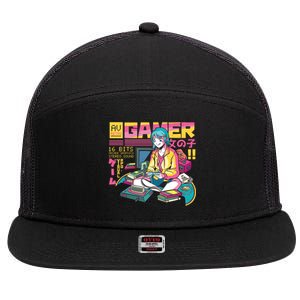 Retro Anime Gamer Girl Classic 7 Panel Mesh Trucker Snapback Hat