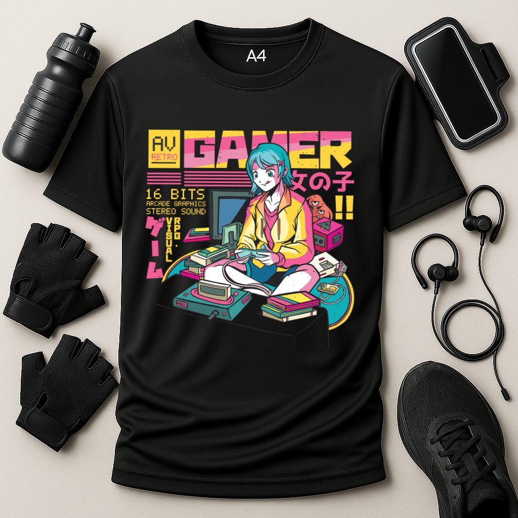 Retro Anime Gamer Girl Classic Cooling Performance Crew T-Shirt