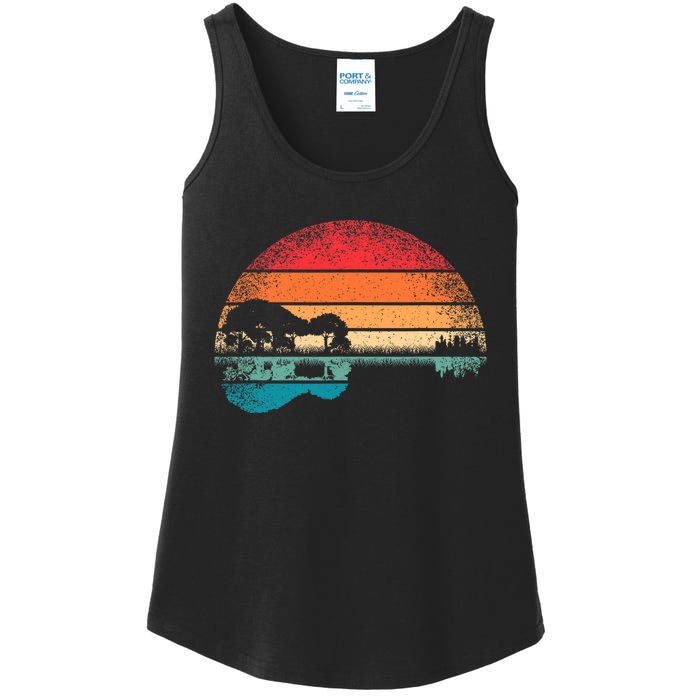 Retro Acoustic Guitar Lake Sunset Guitarist Music Lover Rock Ladies Essential Tank