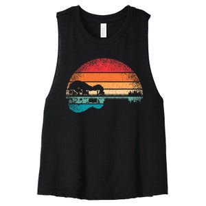 Retro Acoustic Guitar Lake Sunset Guitarist Music Lover Rock Women's Racerback Cropped Tank