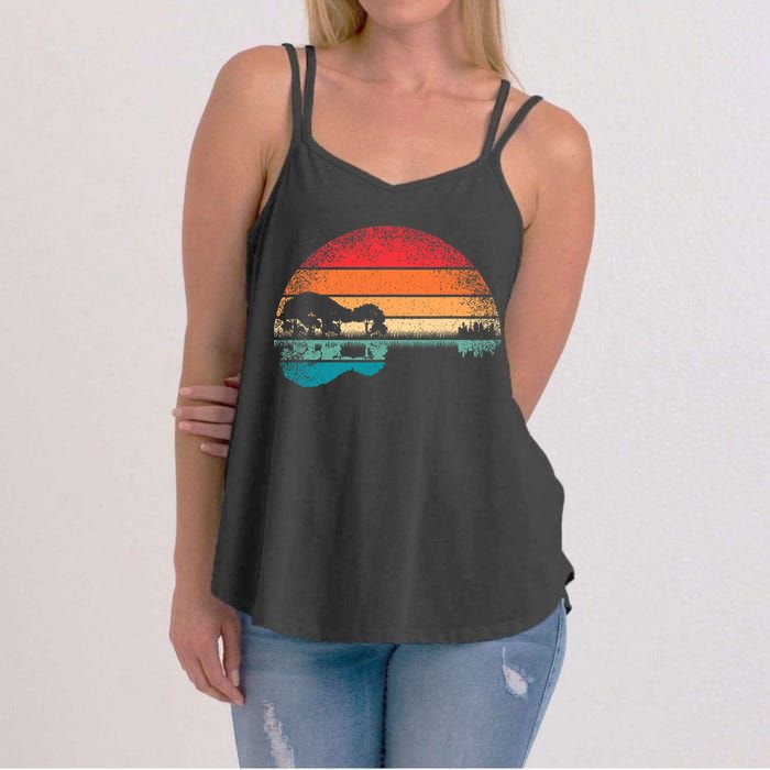 Retro Acoustic Guitar Lake Sunset Guitarist Music Lover Rock Women's Strappy Tank