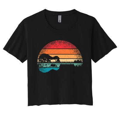 Retro Acoustic Guitar Lake Sunset Guitarist Music Lover Rock Women's Crop Top Tee