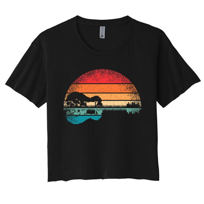 Retro Acoustic Guitar Lake Sunset Guitarist Music Lover Rock Women's Crop Top Tee