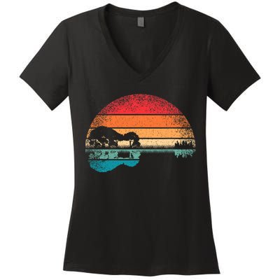 Retro Acoustic Guitar Lake Sunset Guitarist Music Lover Rock Women's V-Neck T-Shirt