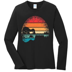 Retro Acoustic Guitar Lake Sunset Guitarist Music Lover Ladies Long Sleeve Shirt