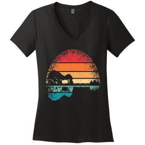 Retro Acoustic Guitar Lake Sunset Guitarist Music Lover Women's V-Neck T-Shirt