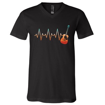 Retro Acoustic Guitar Heartbeat Guitarist Country Music Rock V-Neck T-Shirt