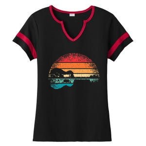 Retro Acoustic Guitar Lake Sunset Guitarist Music Lover Rock Ladies Halftime Notch Neck Tee