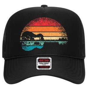 Retro Acoustic Guitar Lake Sunset Guitarist Music Lover Rock High Crown Mesh Back Trucker Hat