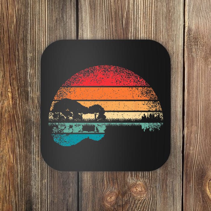 Retro Acoustic Guitar Lake Sunset Guitarist Music Lover Rock Coaster