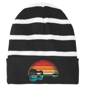 Retro Acoustic Guitar Lake Sunset Guitarist Music Lover Rock Striped Beanie with Solid Band